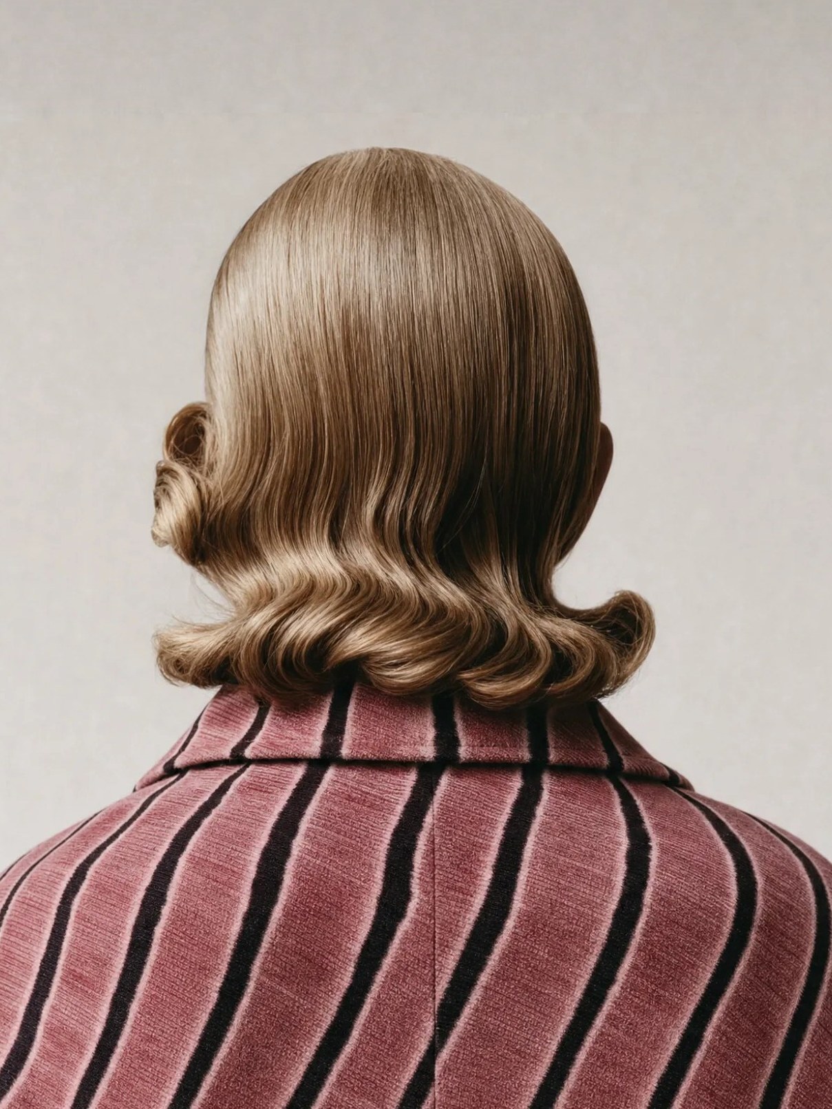 Mujer de espaldas con el pelo rubio en ondas y abrigo de rayas rosas