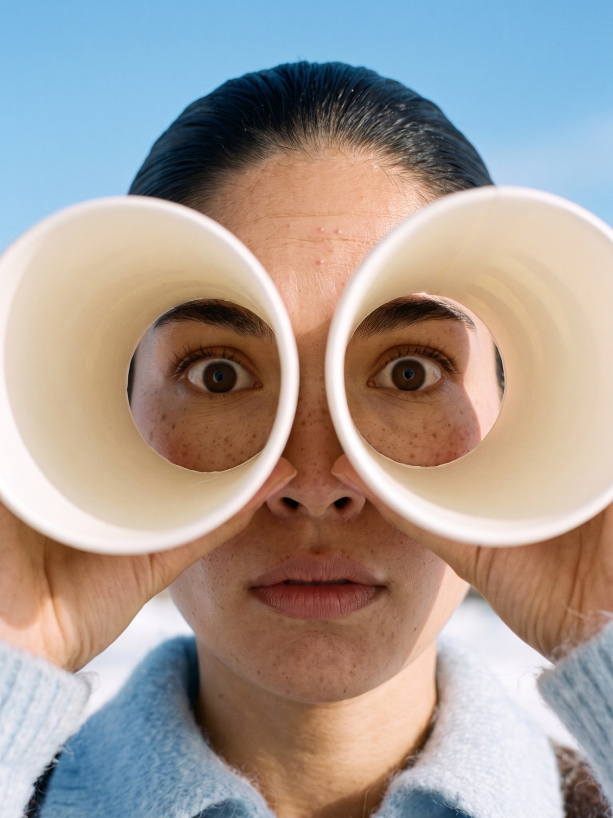 Mujer mirando a través de dos vasos de papel como binoculares, en la nieve